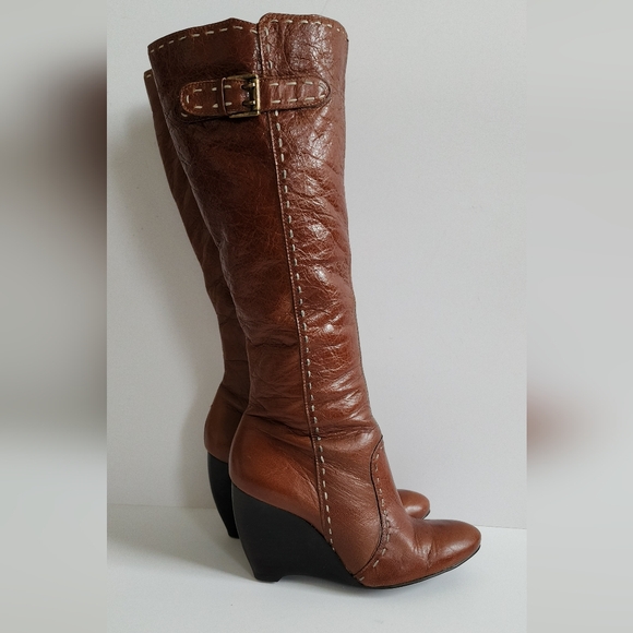 DIBA BOOTS COGNAC BROWN WEDGE HEEL KNEE HIGH ALMOND TOE BUCKLE LEATHER 7 - Picture 10 of 16